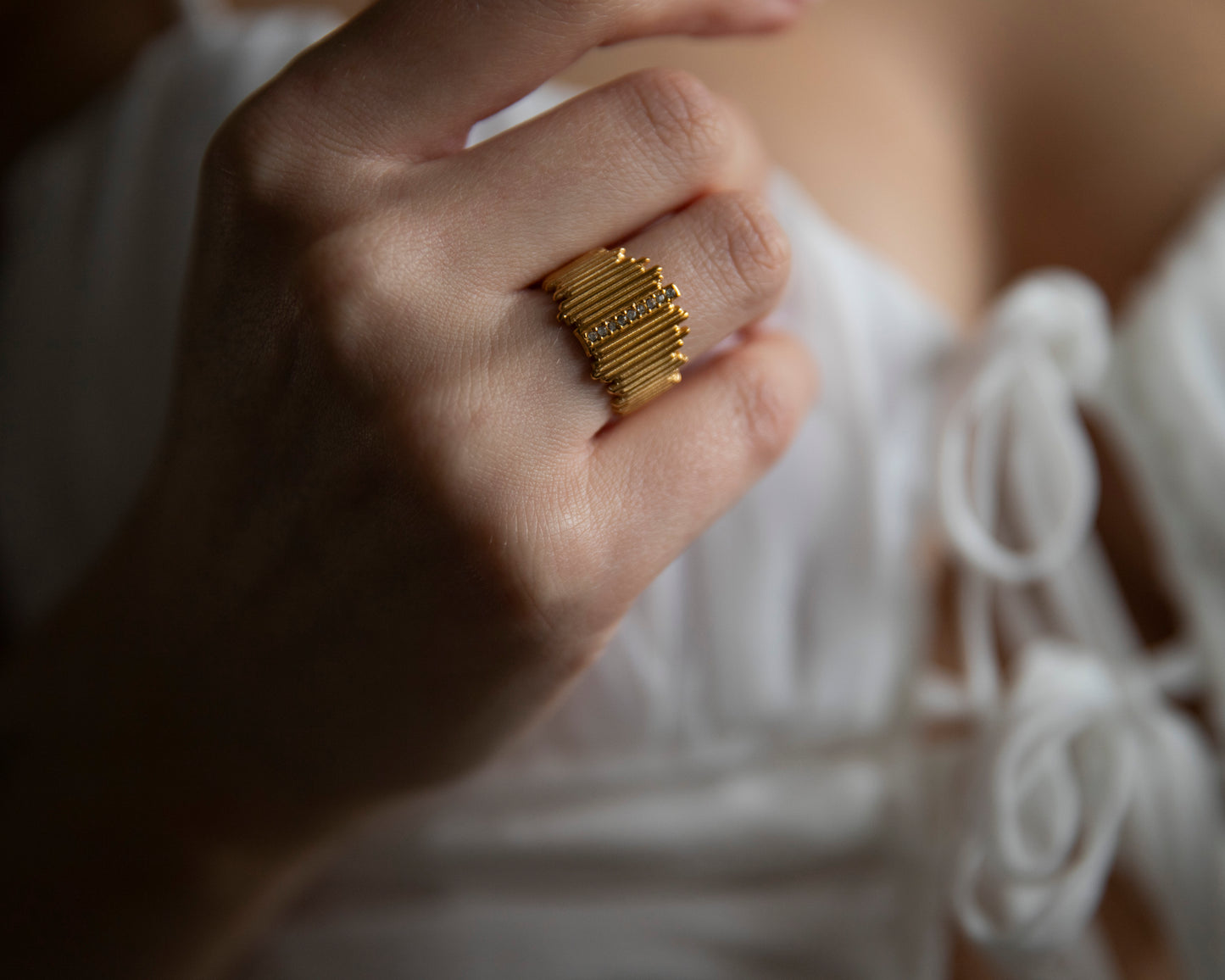 Celine Gold CZ Textured Adjustable Ring