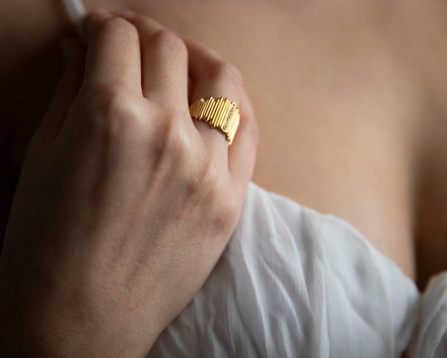 Celine Gold CZ Textured Adjustable Ring