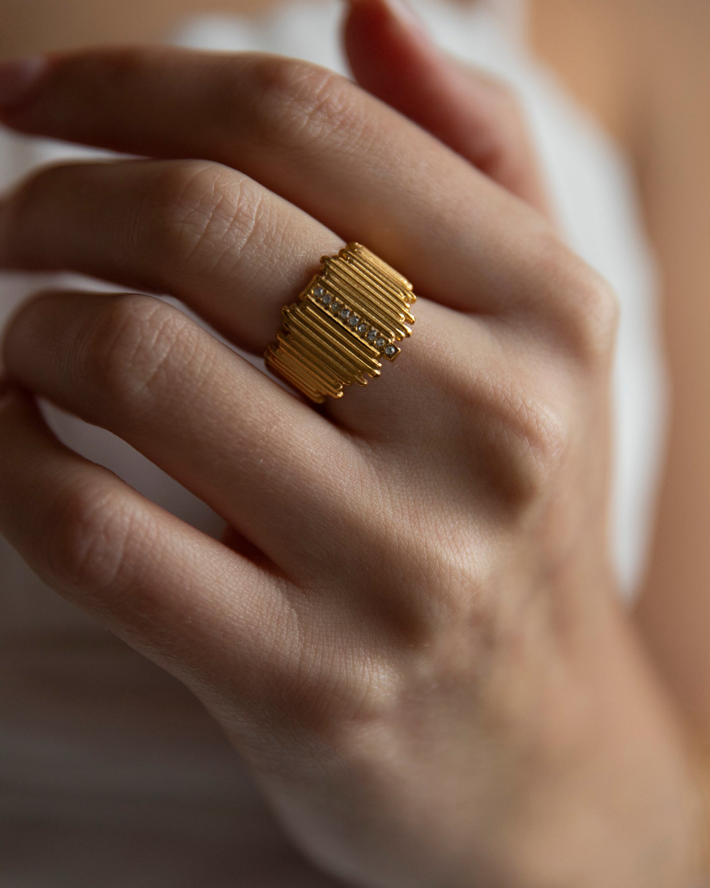 Celine Gold CZ Textured Adjustable Ring