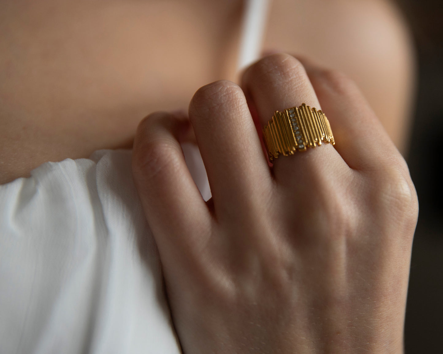 Celine Gold CZ Textured Adjustable Ring