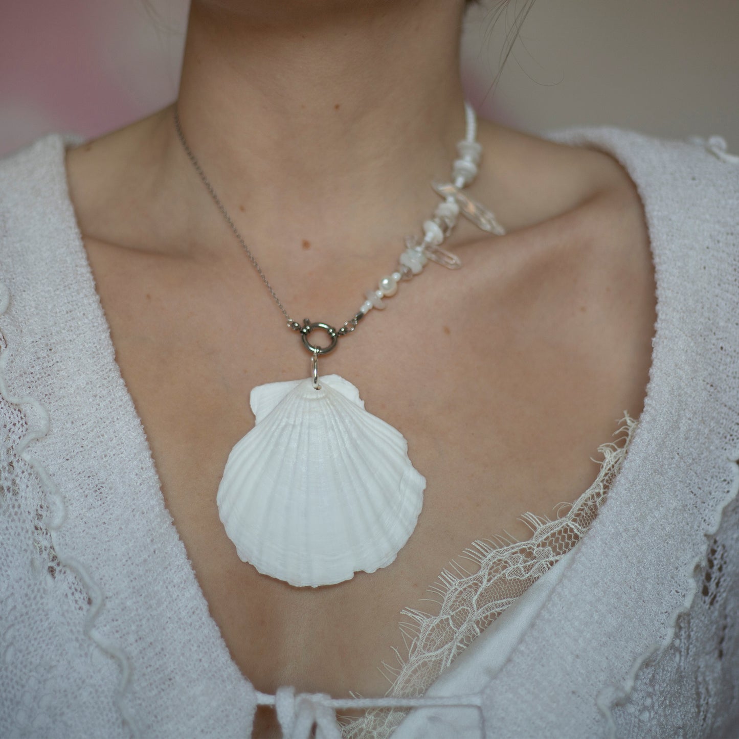 Juliet Silver Shell Necklace With Moonstone Pearl + Quartz