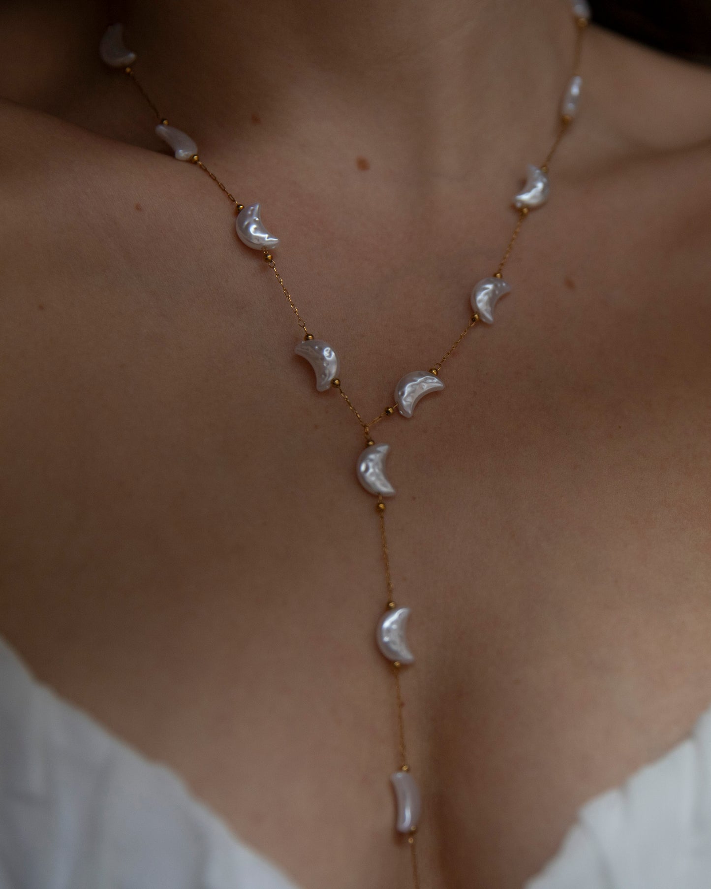 Lanara Gold Crescent Moon Freshwater Pearl Look Lariat Necklace