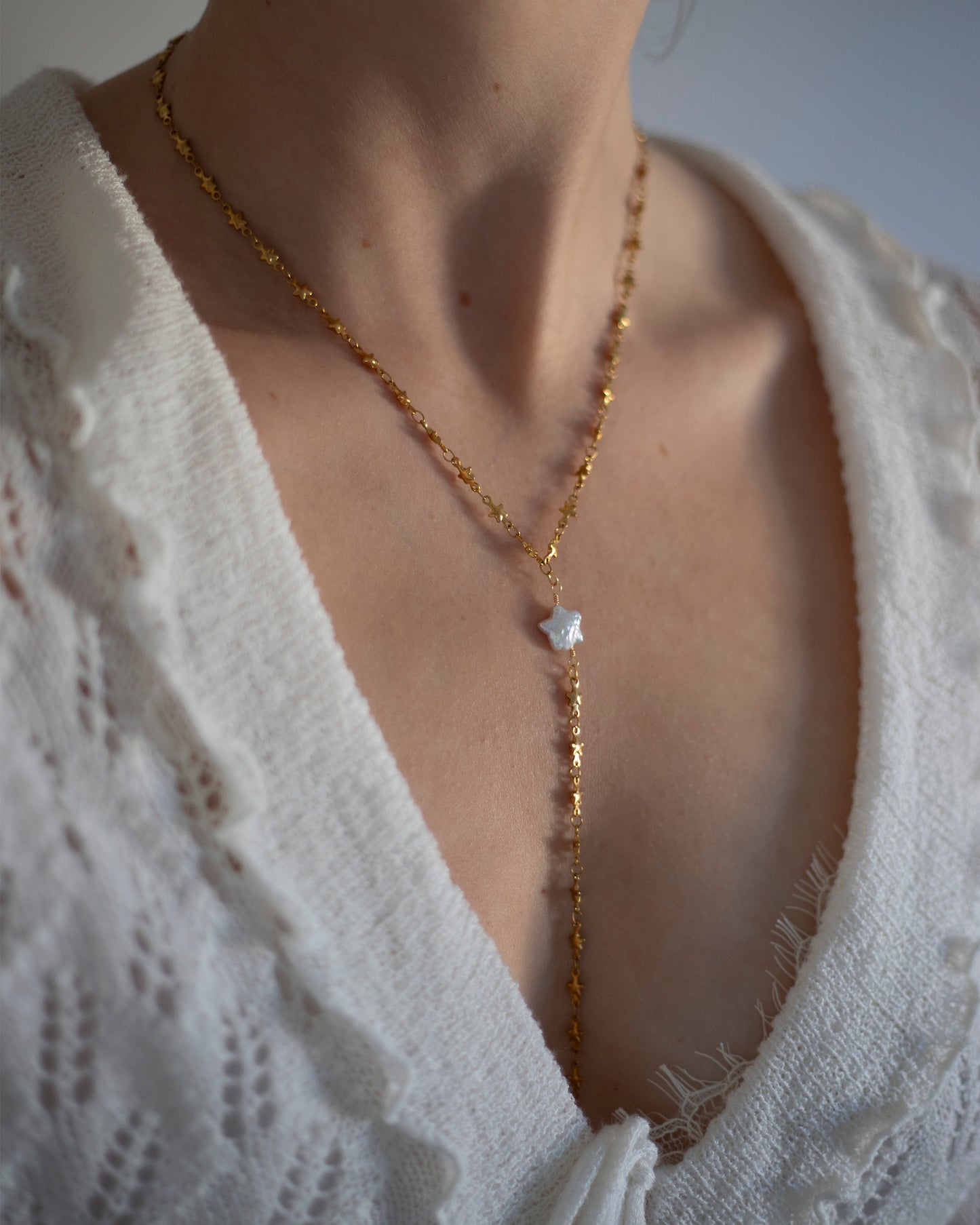 Mira Freshwater Pearl Star Chain Lariat Drop Necklace