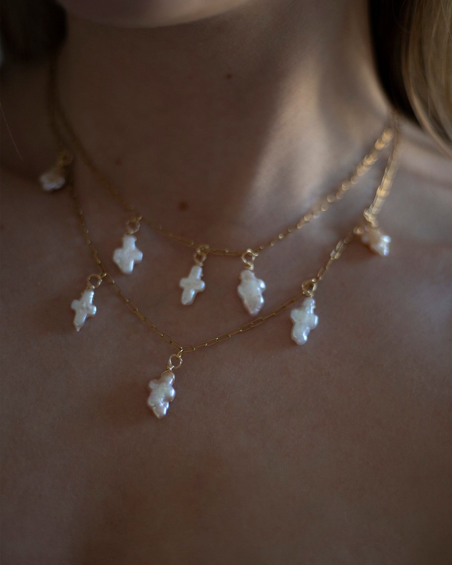 Nala Freshwater Pearl Cross Gold Choker Layered Necklace