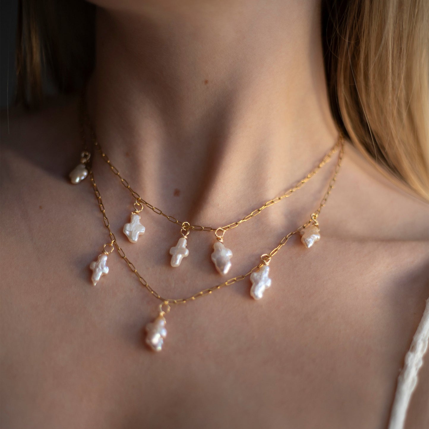 Nala Freshwater Pearl Cross Gold Choker Layered Necklace