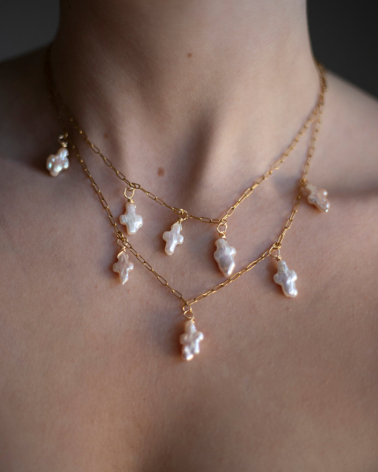 Nala Freshwater Pearl Cross Gold Choker Layered Necklace