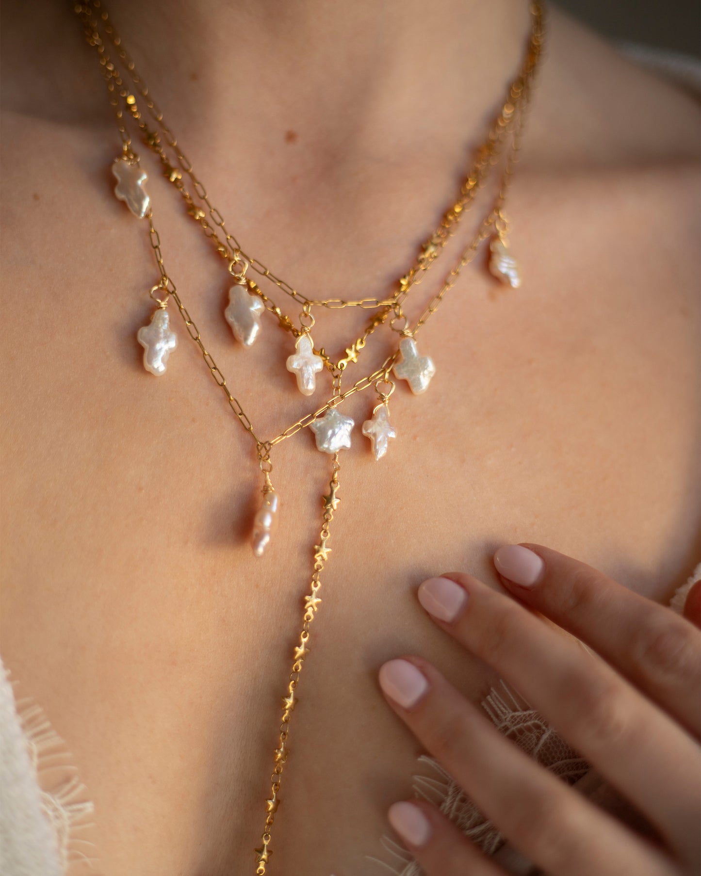 Nala Freshwater Pearl Cross Gold Choker Layered Necklace