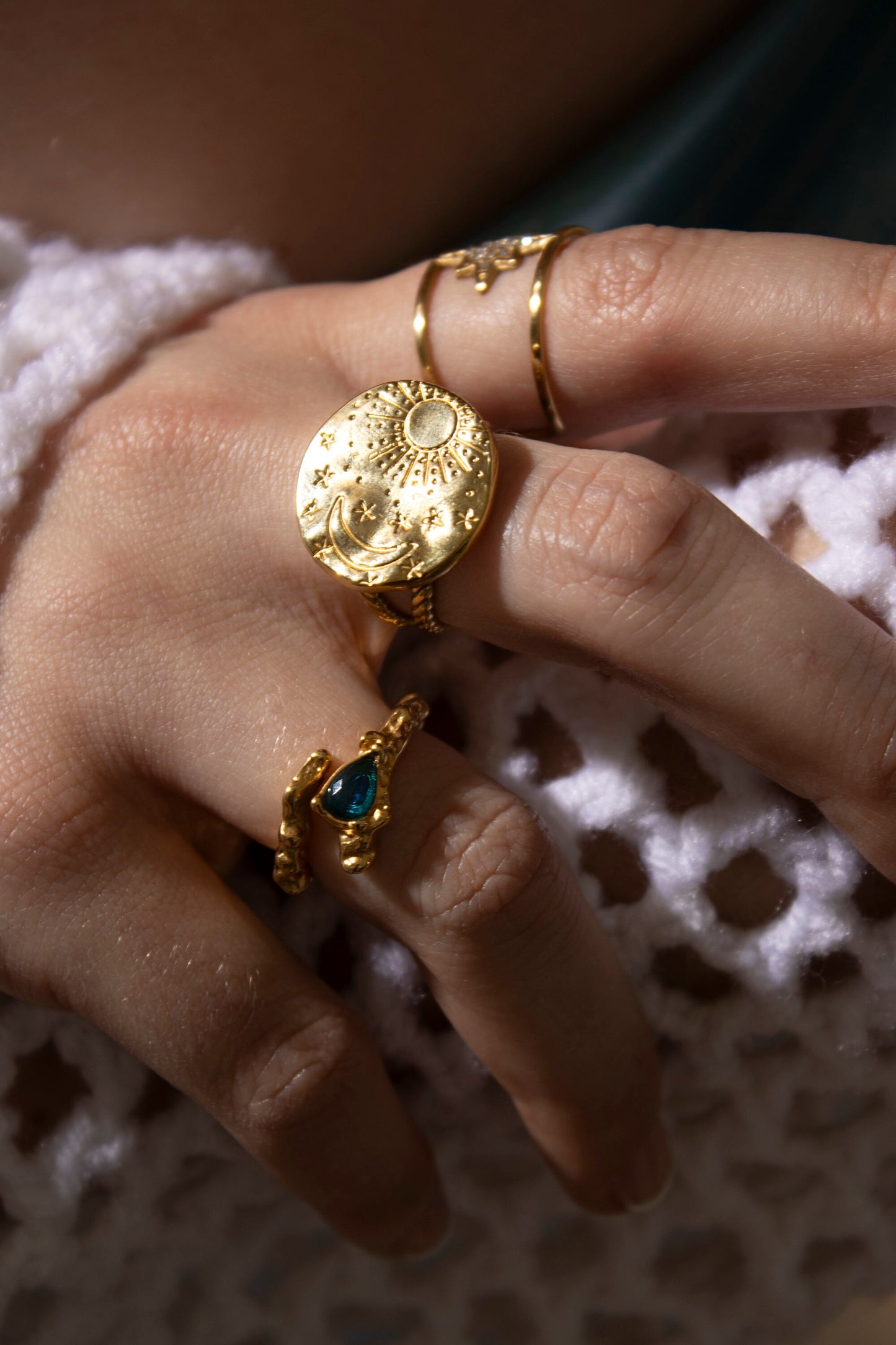 Soleil Gold Sun Moon & Star Adjustable Ring