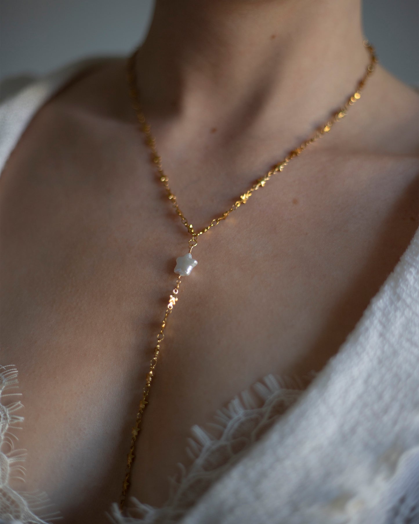 Mira Freshwater Pearl Star Chain Lariat Drop Necklace