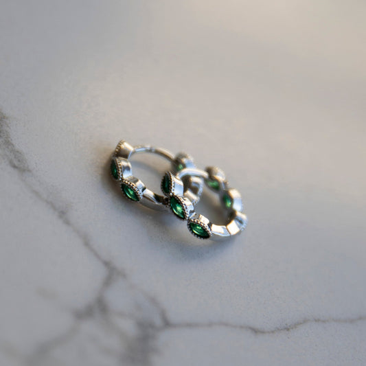 Saffie Green CZ Hoop Earrings in Silver, Silver Plated Huggie Hoop Earrings Green, Cubic Zirconia