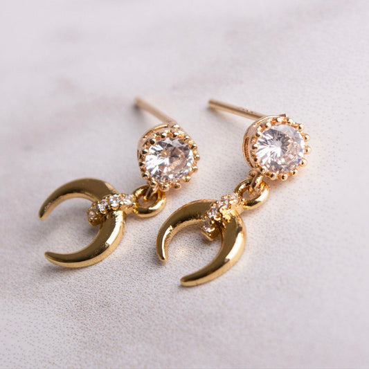 Aurelia Gold Crescent Moon CZ Stud Earrings