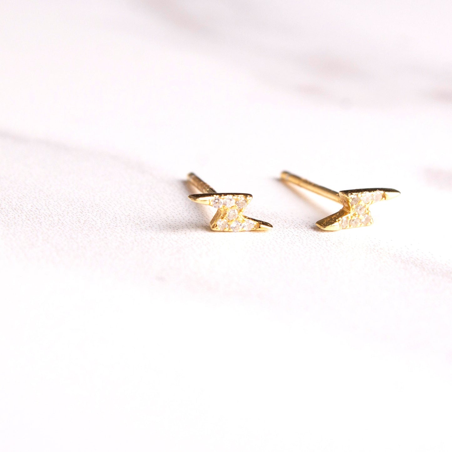 Rhea Gold Lighting Bolt Stud Earrings, Sterling Silver Gold Plated CZ Crystal Studs, 925 Sterling Silver Gold Plated