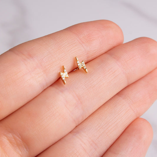 Rhea Gold Lighting Bolt Stud Earrings, Sterling Silver Gold Plated CZ Crystal Studs, 925 Sterling Silver Gold Plated