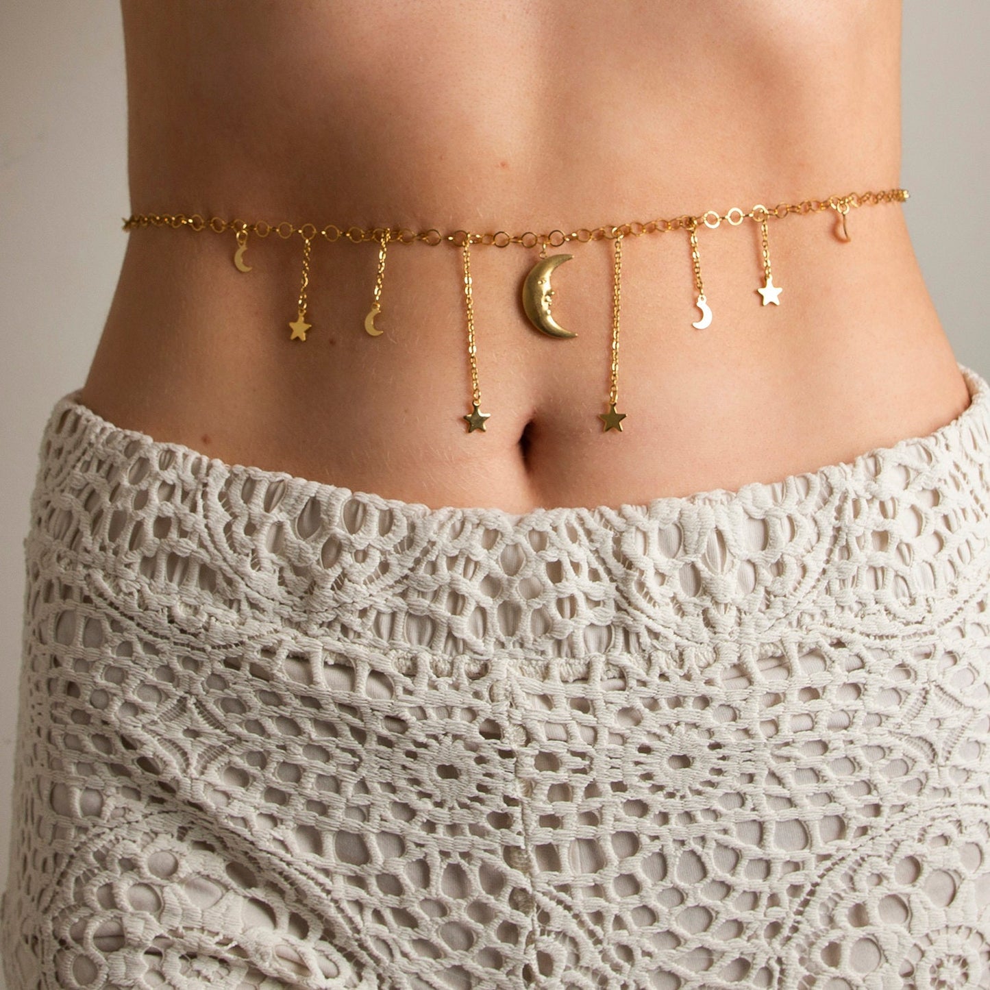 Naida Gold Celestial Moon + Star Belly Chain, Personisable Length