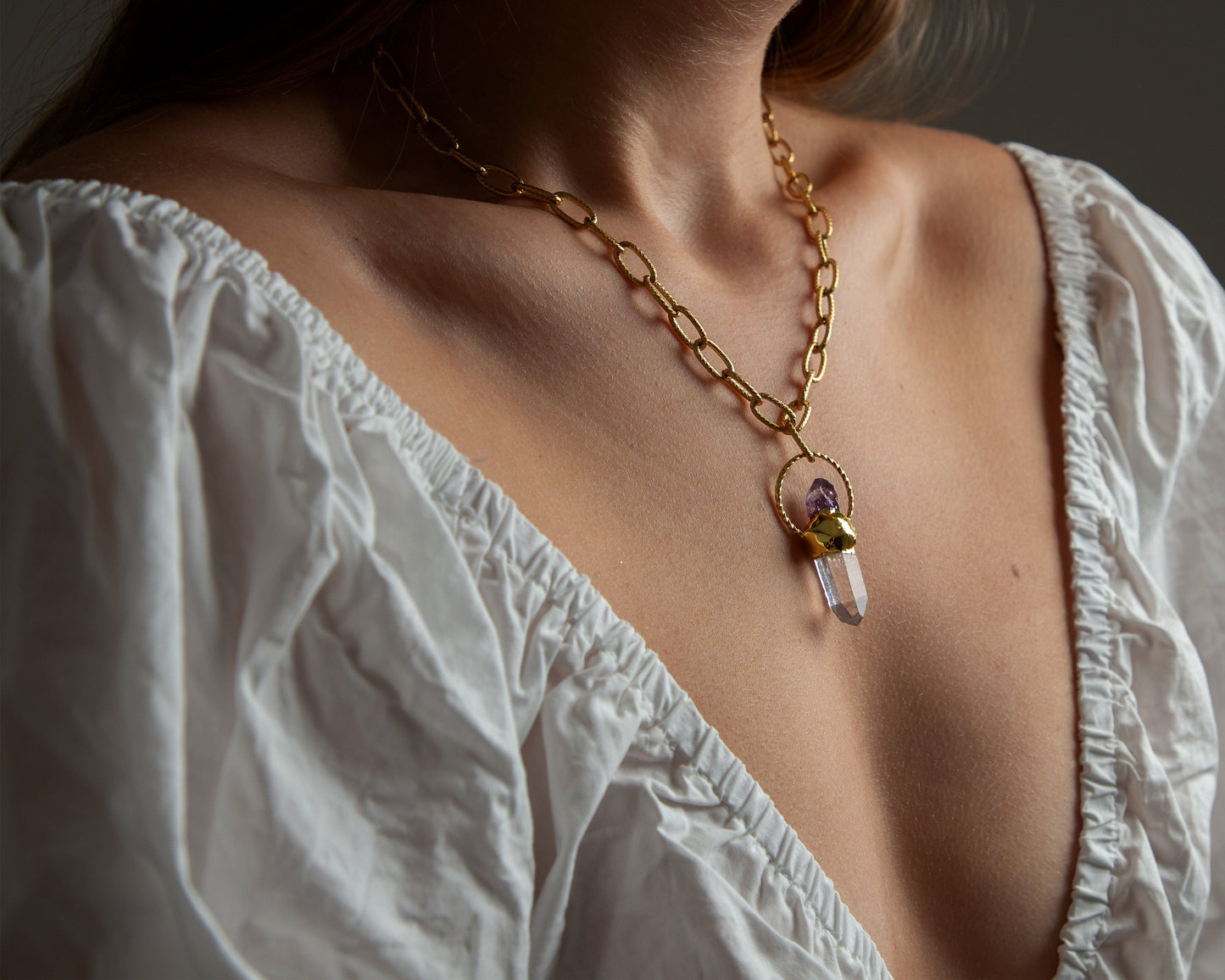 Armelle Amethyst and Clear Quartz Charm Pendant Lairat Necklace, Healing Crystal Gold Statement Necklace