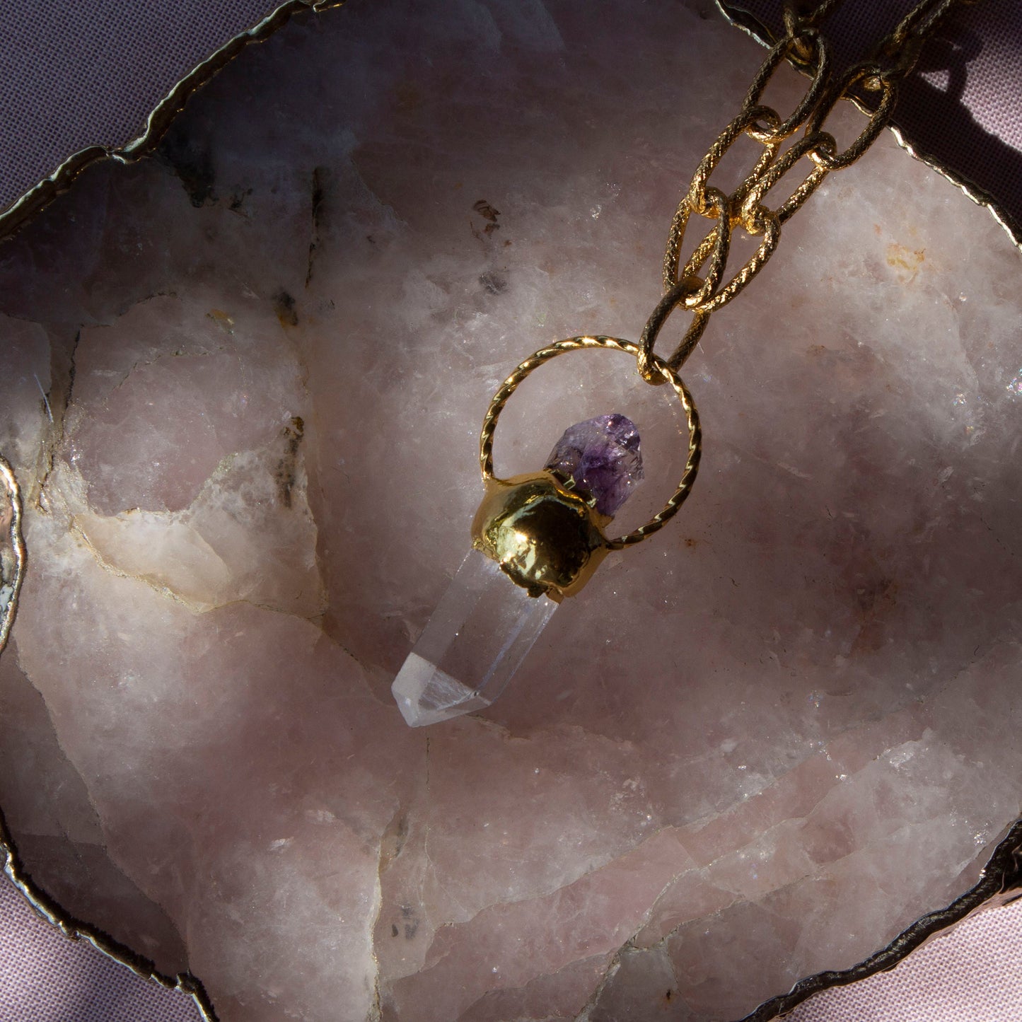 Armelle Amethyst and Clear Quartz Charm Pendant Lairat Necklace, Healing Crystal Gold Statement Necklace