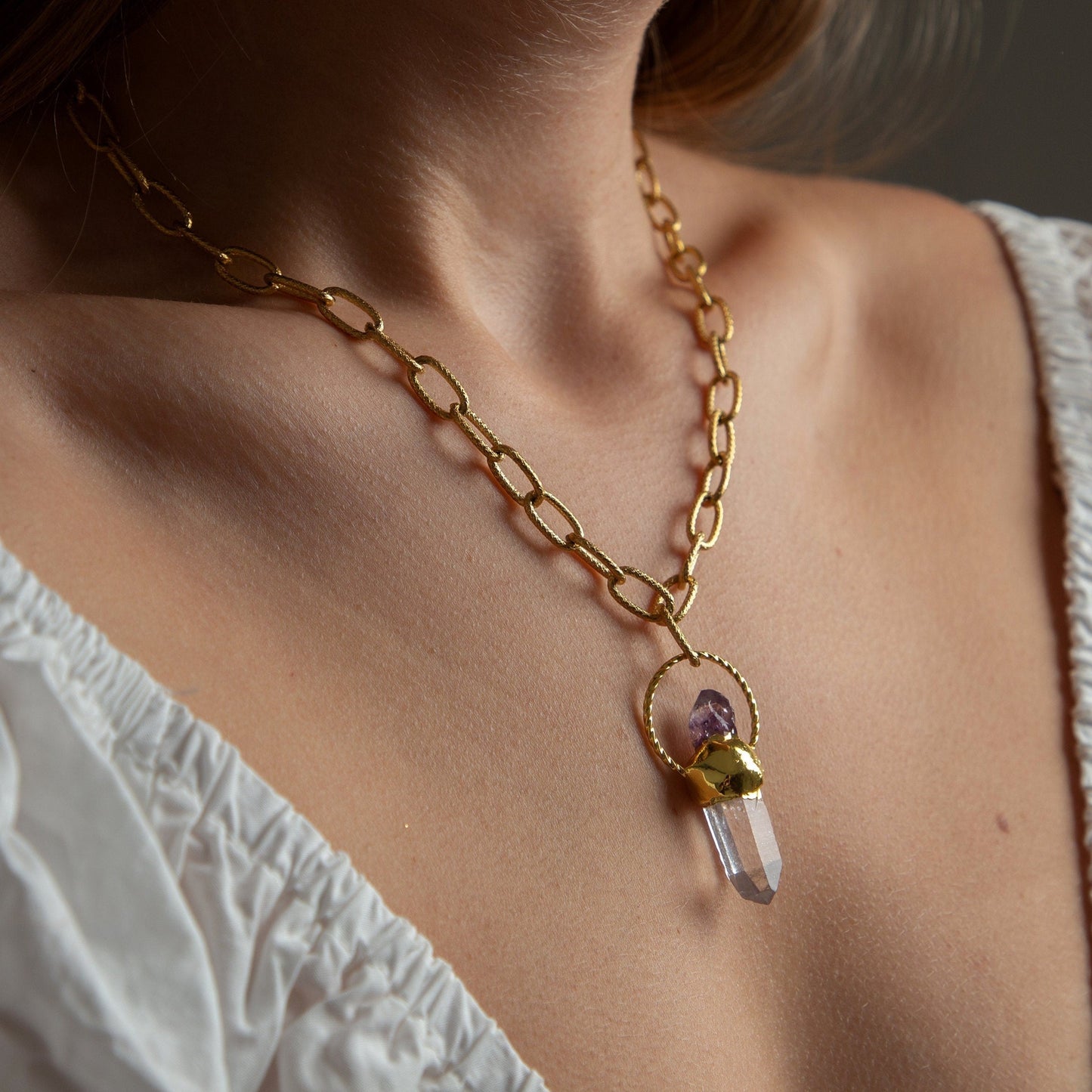 Armelle Amethyst and Clear Quartz Charm Pendant Lairat Necklace, Healing Crystal Gold Statement Necklace