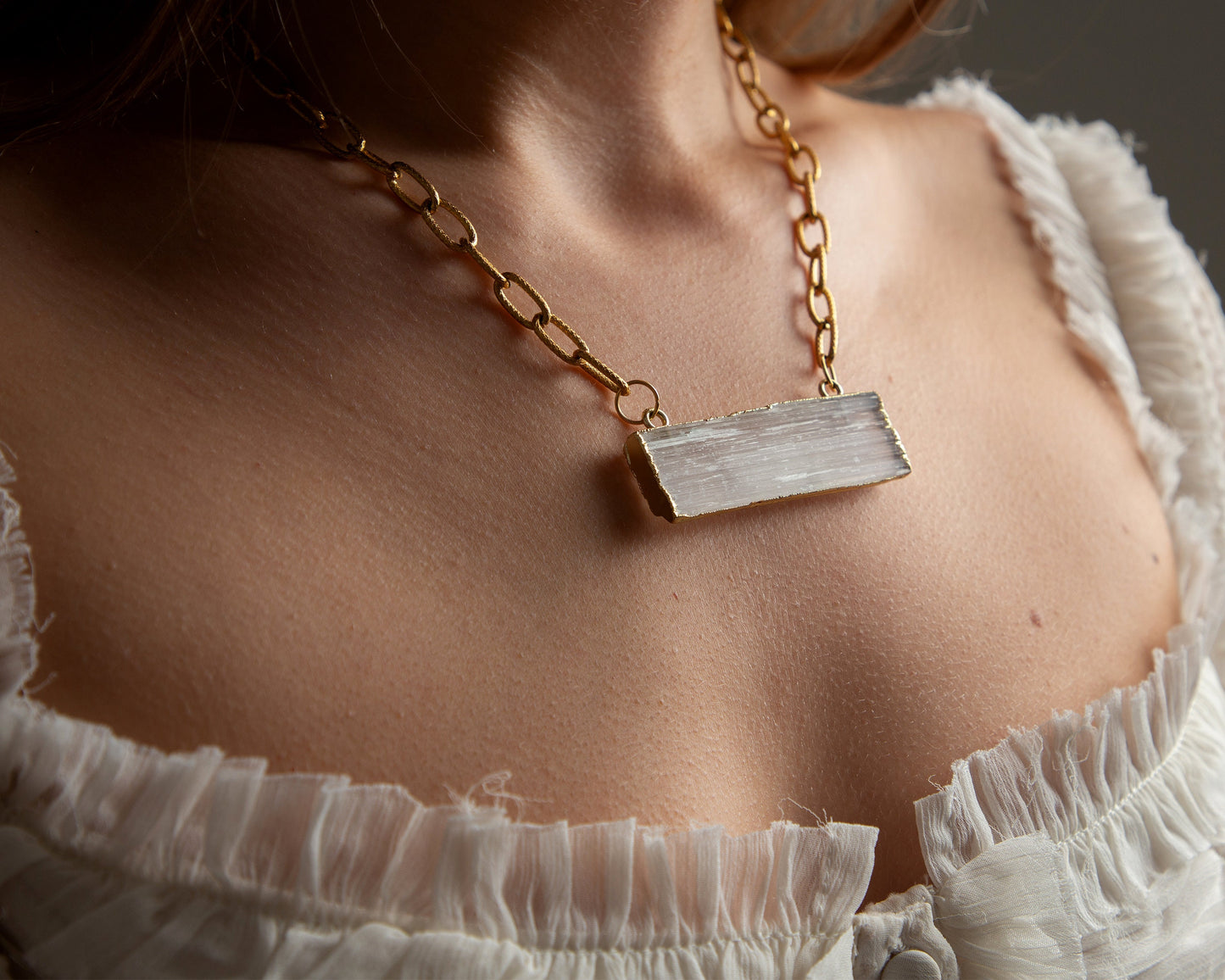 Althea Selenite Chunky Charm Pendant Necklace, Gold Paperclip Chain, Gold Statement Necklace, Choker Necklace, Healing Crystal