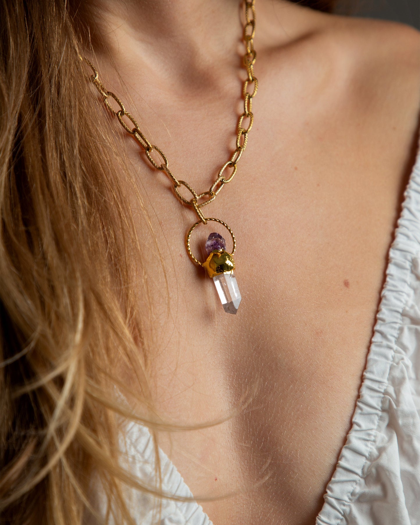 Armelle Amethyst and Clear Quartz Charm Pendant Lairat Necklace, Healing Crystal Gold Statement Necklace