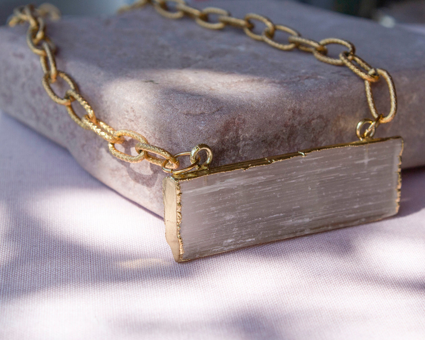 Althea Selenite Chunky Charm Pendant Necklace, Gold Paperclip Chain, Gold Statement Necklace, Choker Necklace, Healing Crystal