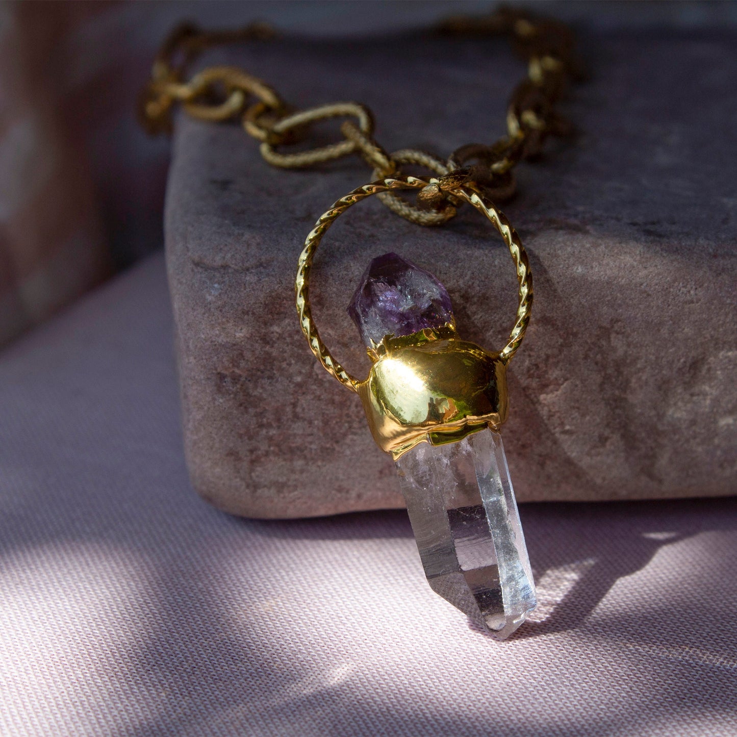 Armelle Amethyst and Clear Quartz Charm Pendant Lairat Necklace, Healing Crystal Gold Statement Necklace