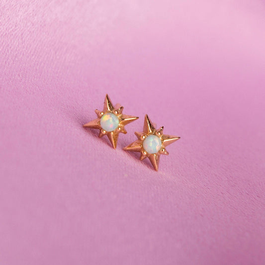 Nixi Opal Star Stud 925 Sterling Silver Gold Plated Earrings, Cubic Zirconia Earrings, Opal Star Stud Earrings, Celestial Opal Earrings