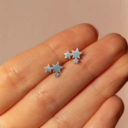 Vera Silver Triple Star Stud Earrings, Tarnish Free, Stainless Steel Star Burst Earrings, Celestial Earrings