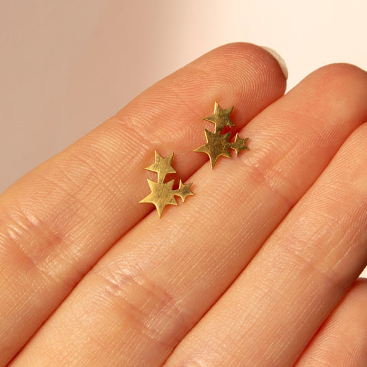 Vera Gold Triple Star Stud Earrings, Tarnish Free, Stainless Steel Star Burst Earrings, Celestial Earrings, Real Gold Plated