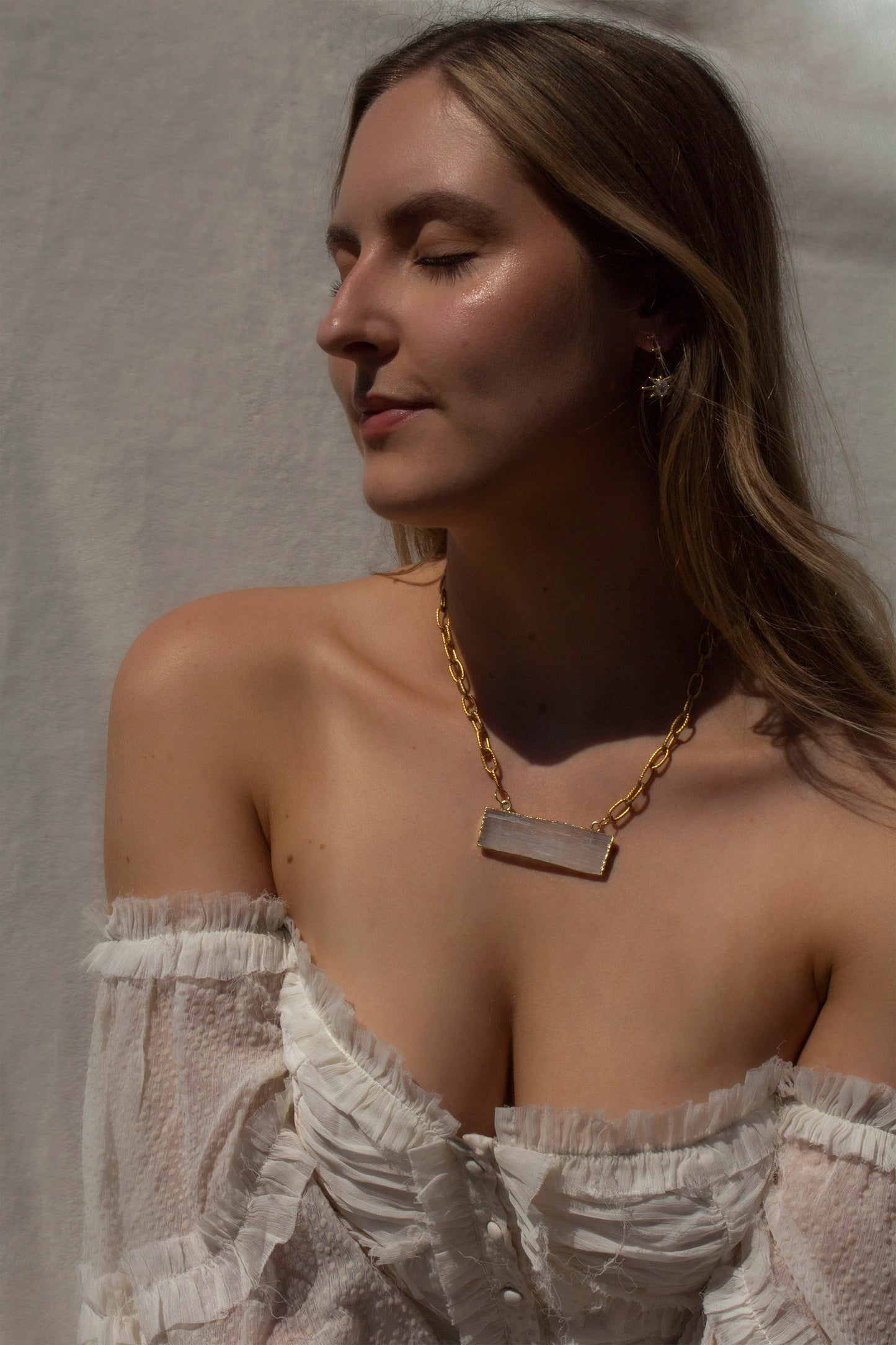 Althea Selenite Chunky Charm Pendant Necklace, Gold Paperclip Chain, Gold Statement Necklace, Choker Necklace, Healing Crystal