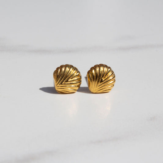 Kayla Gold Shell Stud Earrings, Mermaid Shell Tarnish Free Stainless Steel, Hypoallergenic, Dainty Stud Earrings, Clam Shell Gold Plated