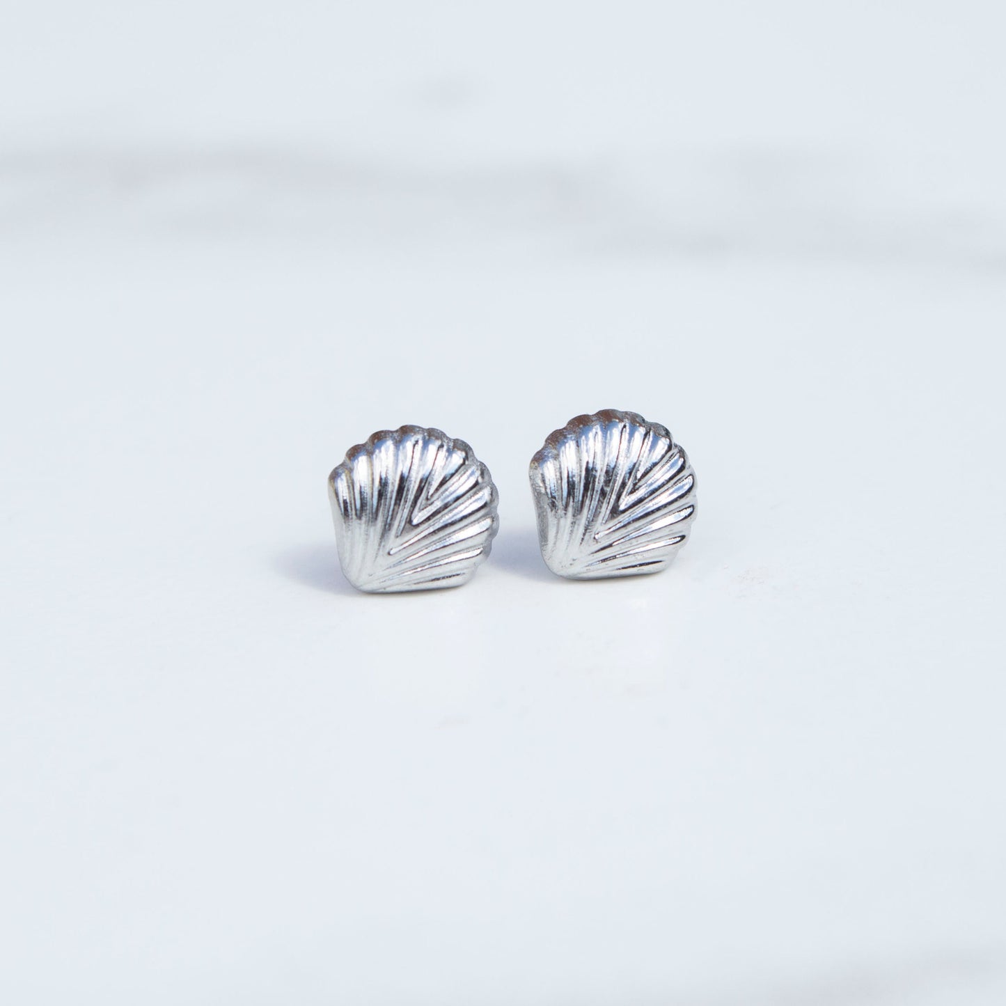 Kayla Silver Shell Stud Earrings, Mermaid Shell Tarnish Free Stainless Steel, Hypoallergenic, Dainty Stud Clam Shell Earrings