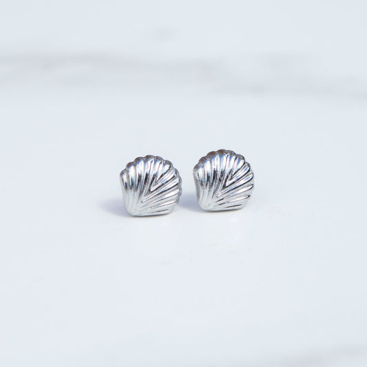 Kayla Silver Shell Stud Earrings, Mermaid Shell Tarnish Free Stainless Steel, Hypoallergenic, Dainty Stud Clam Shell Earrings