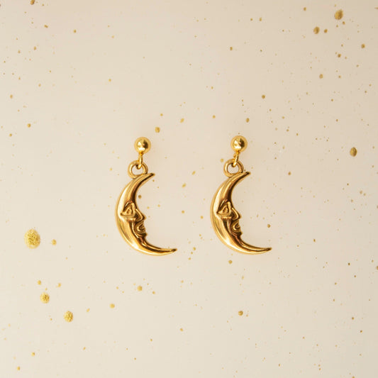 Cosima Gold Crescent Moon Stud Earrings, Gold Moon Face Dangle Drop Earrings, Celestial Earrings, Gift For Her, Ethereal Celestial Whimsical